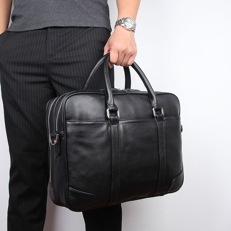Elevate Your Professional Look: Black Leather Laptop Bag/Office Bag - Supple Buff Leather, Padded Laptop Pocket, and Versatile Storage Options