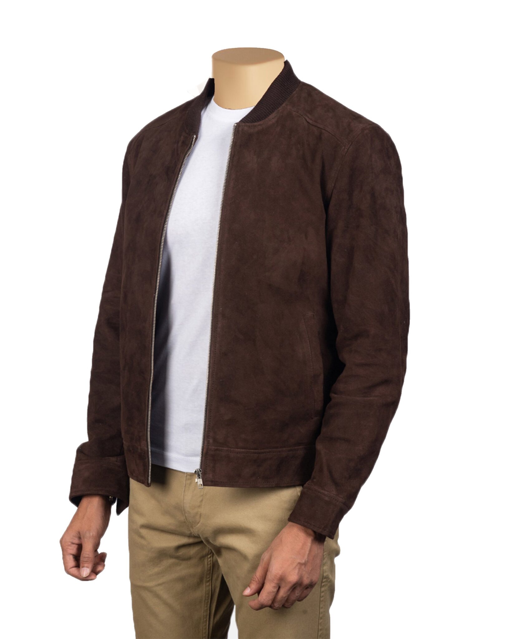 Handcrafted men's lamb suede leather bomber jacket: bespoke design, premium quality, and stylish knit ribs
