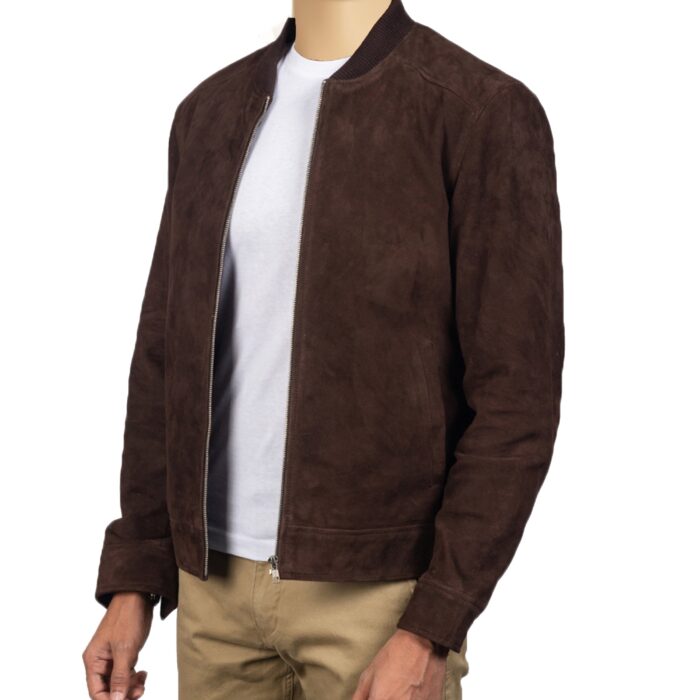 Handcrafted men's lamb suede leather bomber jacket: bespoke design, premium quality, and stylish knit ribs