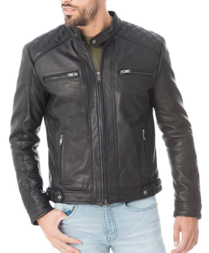 Men's stylish black lamb leather moto jacket,soft outershell, detailed stitching,regular fit.
