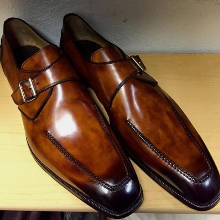 Men's Single Strap Buckle Penny Loafers in Distressed Tan & Black full grain Italian leather shoes