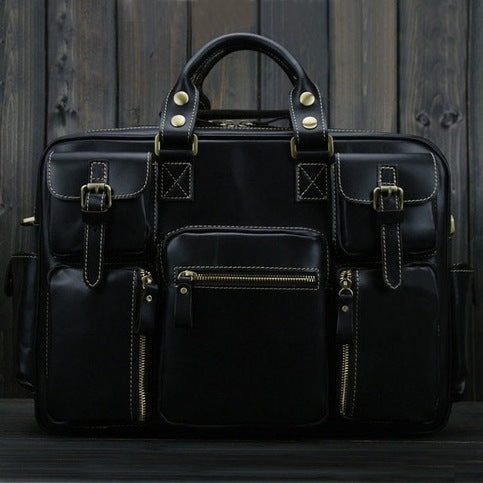 Organizational Excellence and Timeless Style: Men's 5-Pocket Full Grain Buff Leather Satchel Bag - Handmade Vintage Messenger Bag with Functional Design