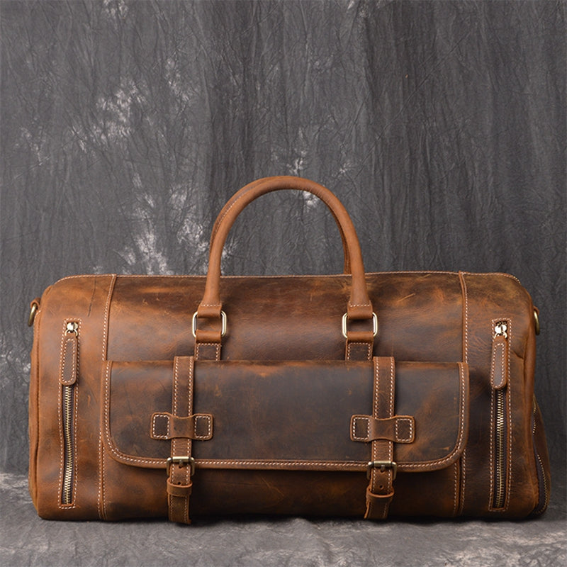 Ultimate Travel Essential: Versatile and Spacious 22" Full Grain Buff Leather Large Distressed Duffel Bag with Shoe Compartment - Stylish and Functional