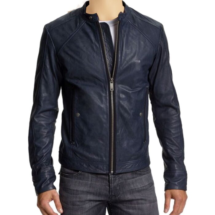 Embark on adventures with the bespoke navy blue lamb leather racer jacket handcrafted for timeless style and adventurous spirit