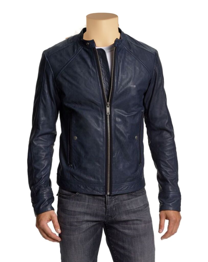 Embark on adventures with the bespoke navy blue lamb leather racer jacket handcrafted for timeless style and adventurous spirit