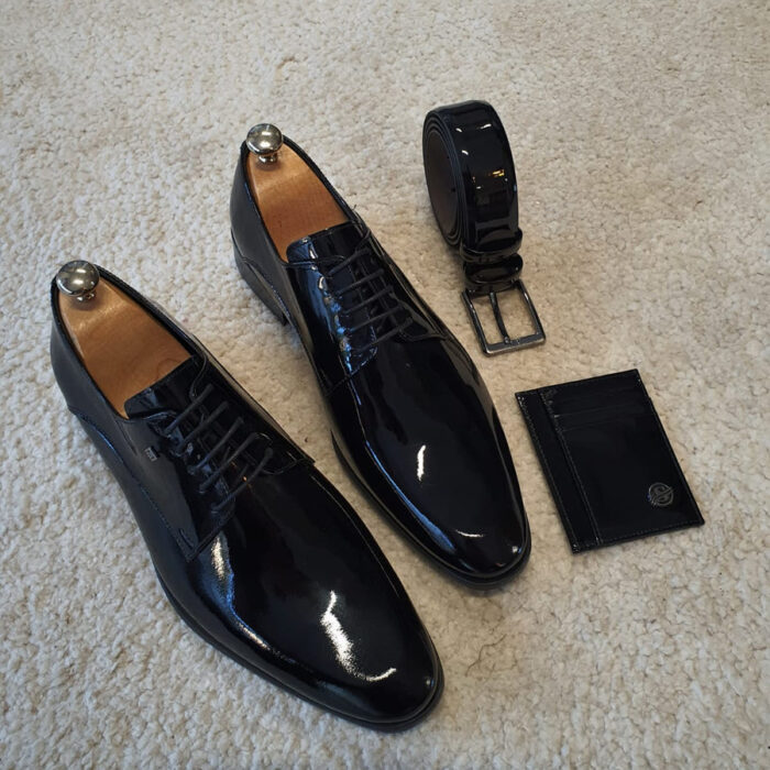 Sophisticated Style: Men's Black Patent Leather Penny Shape Lace up Shoes - Handcrafted with High-Grade Italian Leathe