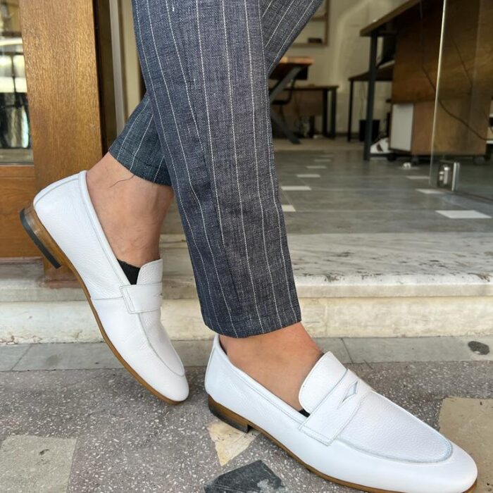 Sophisticated Style: Men's White Italian Leather Penny Shape Belgian Loafers - Handcrafted with Premium Quality