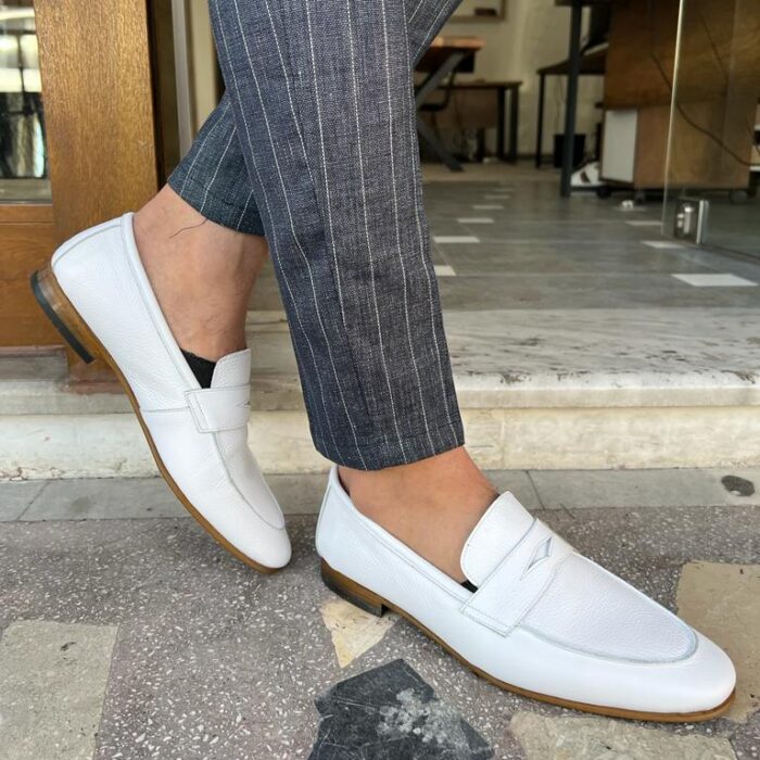 Sophisticated Style: Men's White Italian Leather Penny Shape Belgian Loafers - Handcrafted with Premium Quality