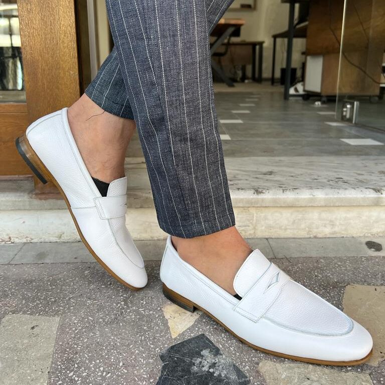 Sophisticated Style: Men's White Italian Leather Penny Shape Belgian Loafers - Handcrafted with Premium Quality