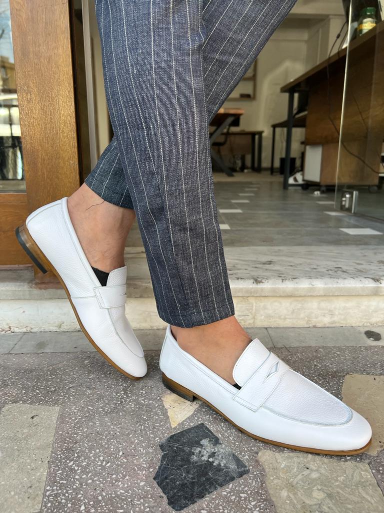 Sophisticated Style: Men's White Italian Leather Penny Shape Belgian Loafers - Handcrafted with Premium Quality
