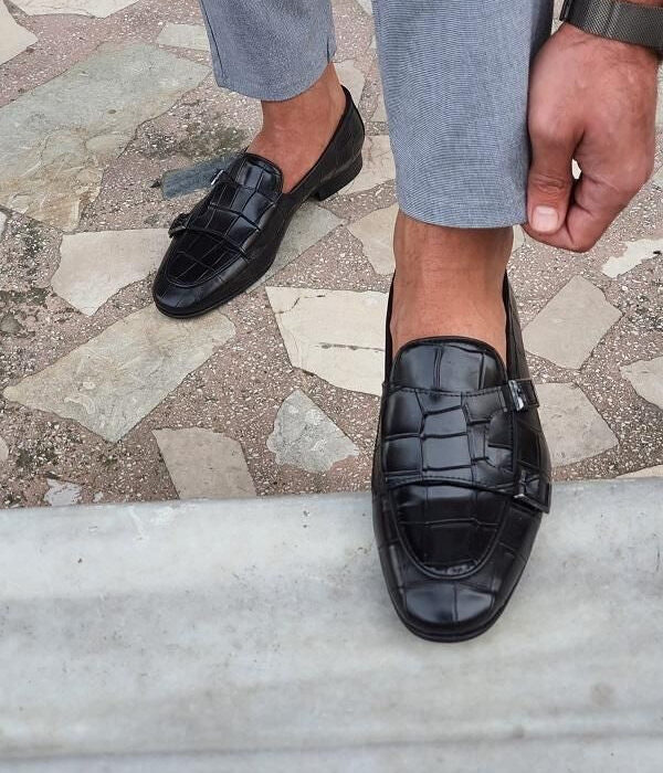 Stylish Men's Monk Shoes in Black Crocodile Print with Double Buckle Monk Design.