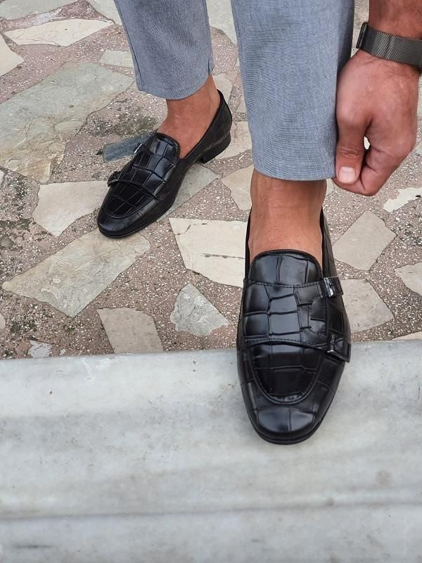 Stylish Men's Monk Shoes in Black Crocodile Print with Double Buckle Monk Design.