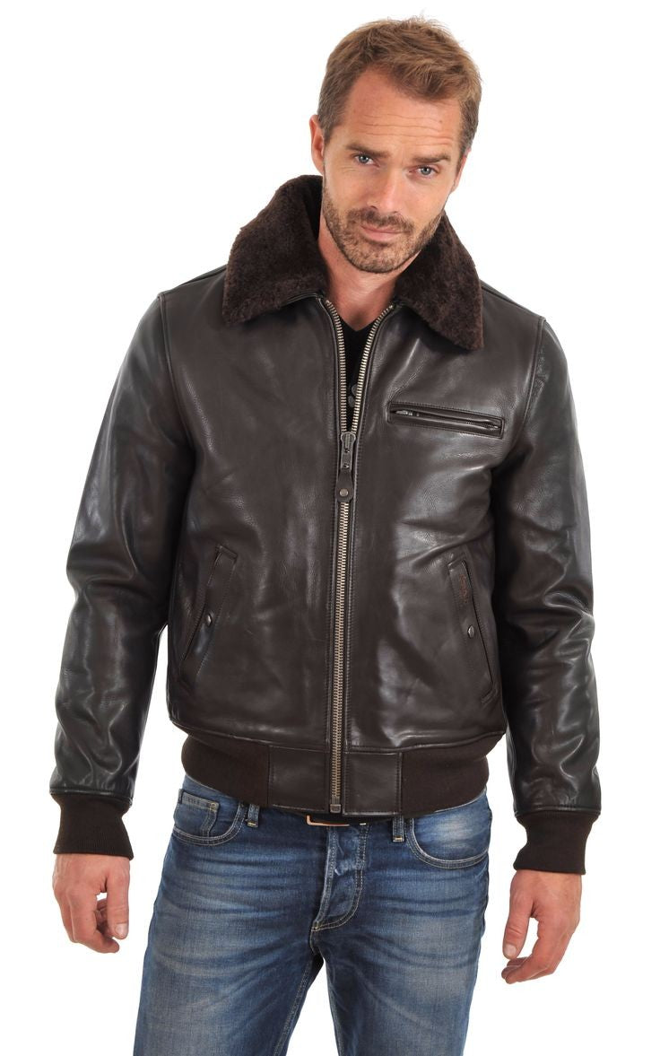 Men's black lamb leather aviator jacket with removable faux fur collar,soft outershell, regular fit.