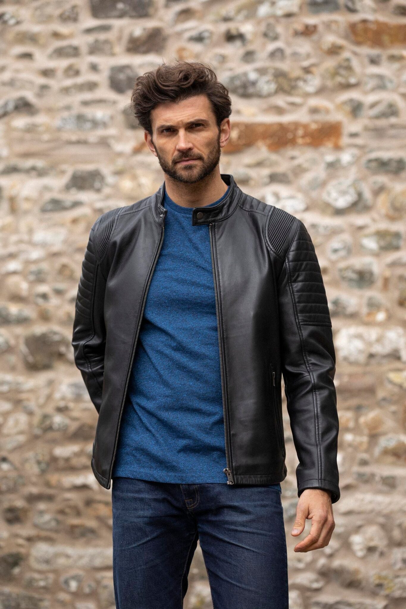 Premium Men's Handcrafted Black Lamb Leather Café Racer Moto Jacket | Detailed Stitch Pattern, Soft Outer Shell, Internal Pockets | Ideal Gift for Him