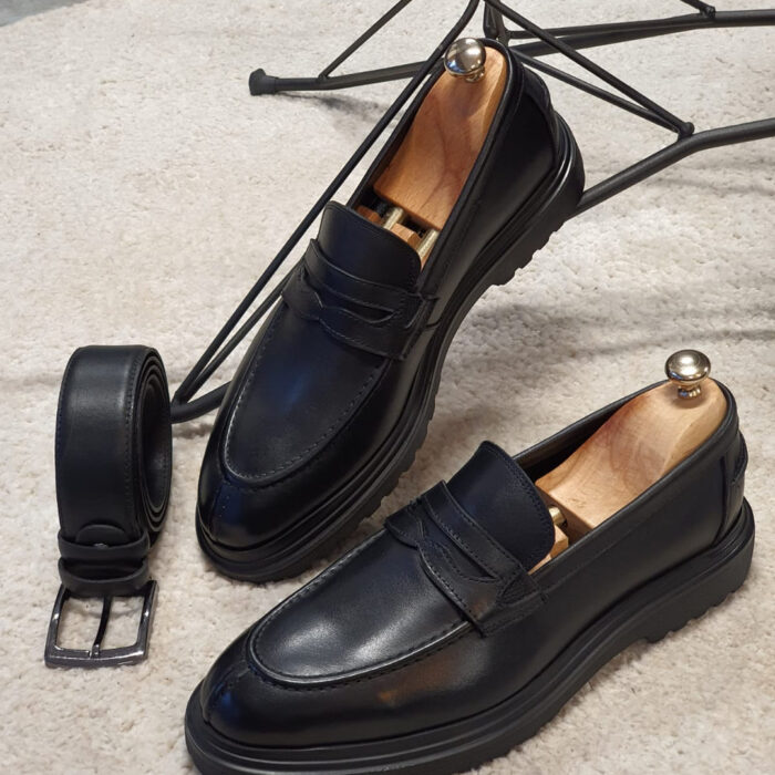 Step into Sophistication: Men's Italian Buff Leather Belgian Loafer Shoes in Black & Tan. Handcrafted with Welted Rubber Sole, Soft DD Leather Lining for Optimal Comfort.