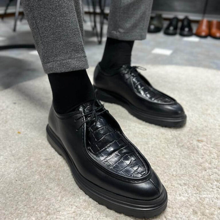 Elevate Your Footwear Game: Men's Black Italian Croc Print Buff Leather Derby Shoes. Handcrafted with Exquisite Detailing, Soft DD Leather Lining, and Resilient Welted Rubber Sole
