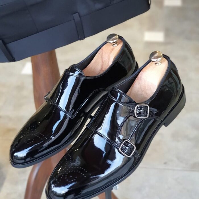 Unleashing Sophistication: Italian Patent Leather Double Buckle Monk Shoes in Distinctive Black