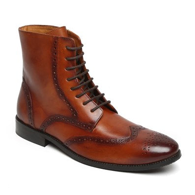 Durable Style: Men's Italian Buff Tan Leather Lace Up Boots with Brogue Punch Pattern - Crafted for Superior Comfort and Long-Lasting Performance
