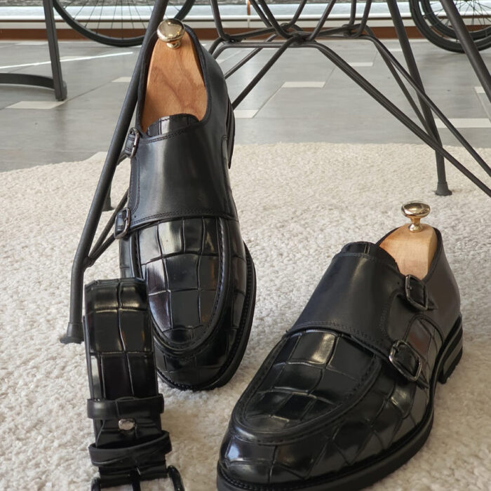 Unleash Style and Luxury: Men's Crocodile Print Italian Buff Leather Double Buckle Monk Black Loafer Shoes. Handcrafted with Exquisite Detailing, Soft DD Leather Lining, and High-Performance Leather Sole