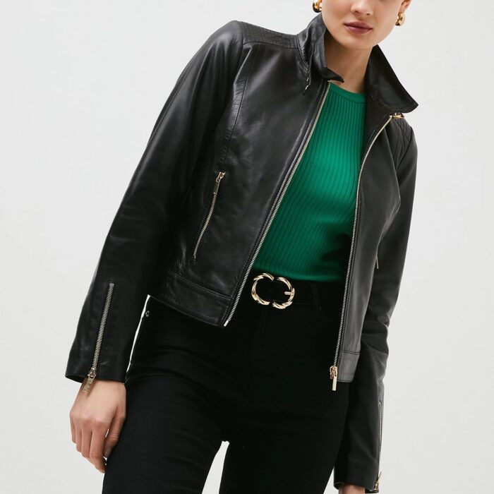 Women's custom made 90's retro black leather jacket