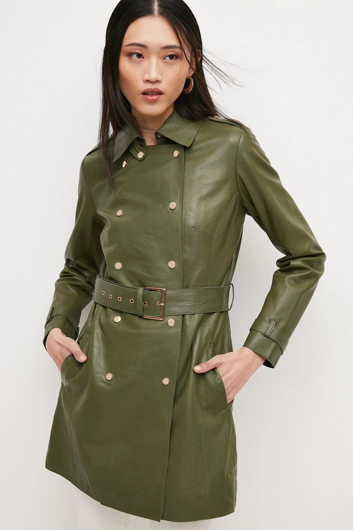 CultCart womens short leather trench coat, customized and personalized in soft lamb leather