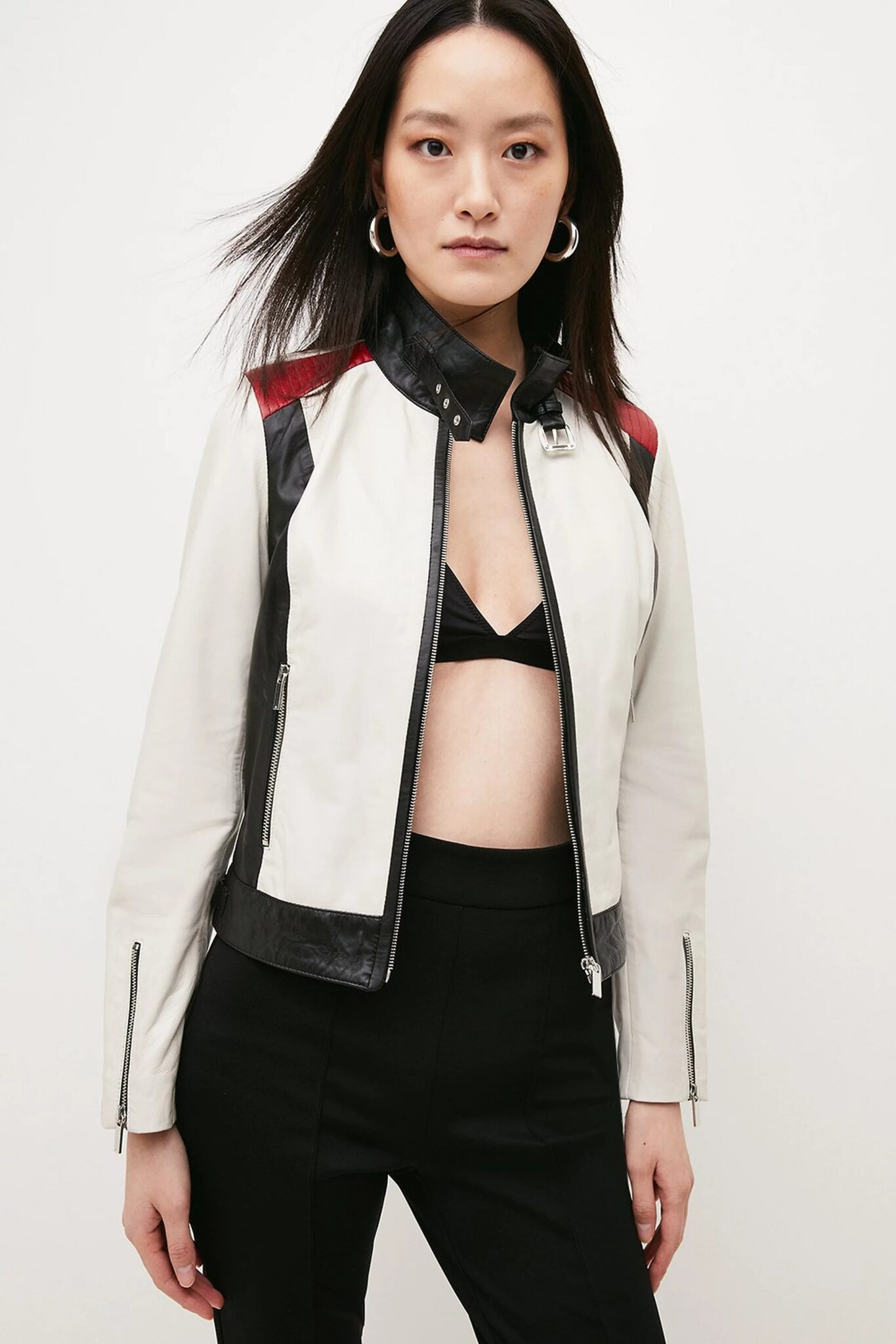 Women's Motorcycle Leather Jacket with Stripped Leather Pattern and Elevated Collar