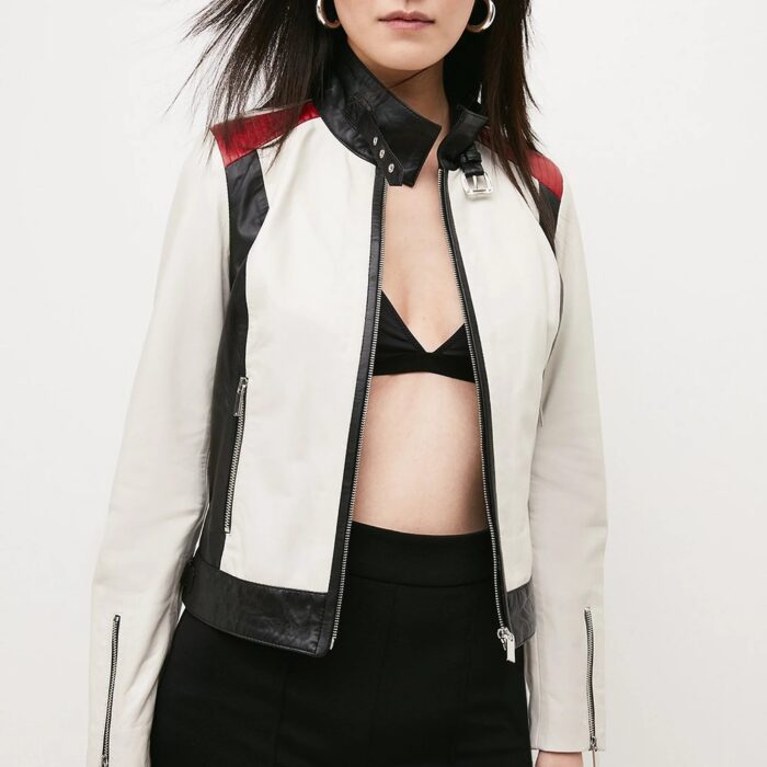 Women's Motorcycle Leather Jacket with Stripped Leather Pattern and Elevated Collar