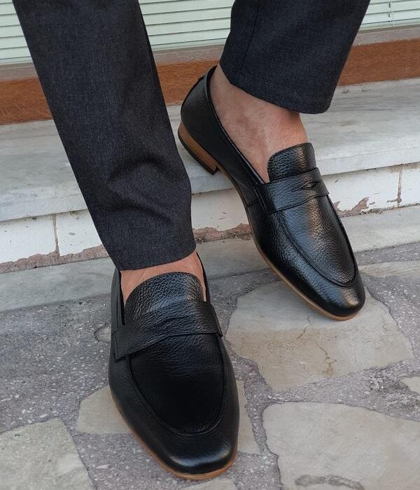 Timeless Elegance: Men's Belgian Loafers in Black Italian Buff Leather