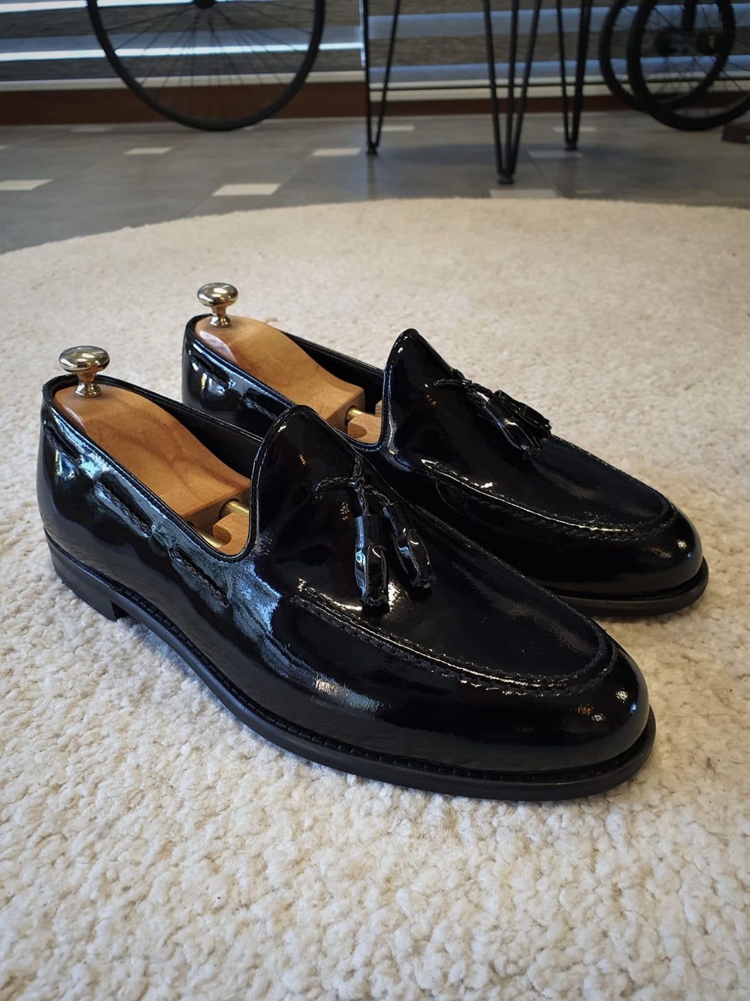 Elevate Your Style with Men's Black Italian Patent Leather Tassel Loafers
