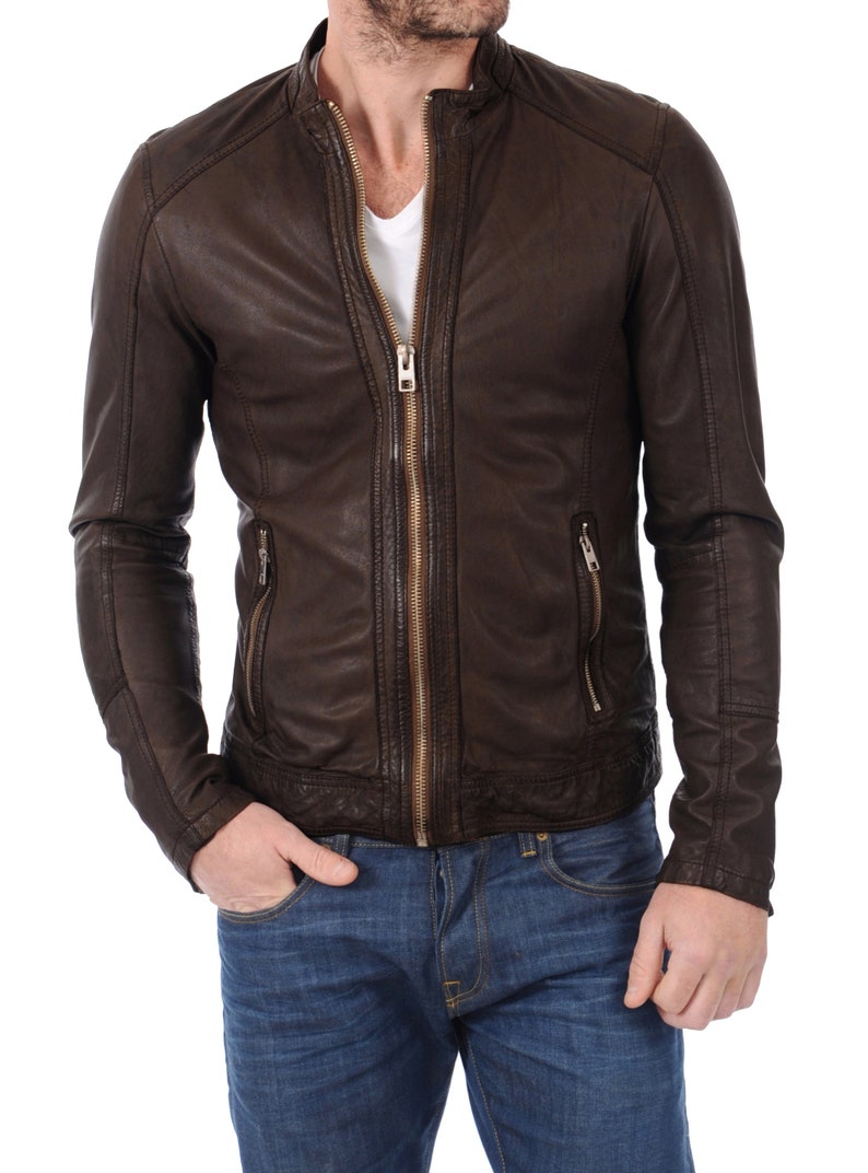 Men's stylish brown leather jacket,custom made,soft lamb leather moto racer jacket