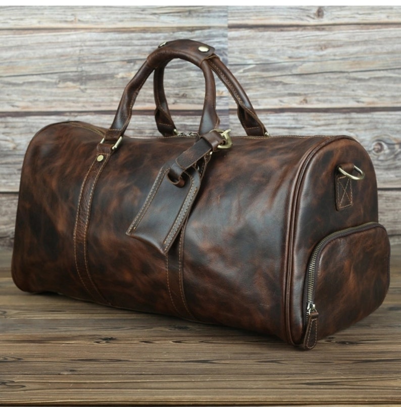 Versatile Travel Companion: Custom-Made Vintage Buff Leather Duffel Shoulder Bag with Shoe Compartment - Stylish, Spacious, and Water-Resistant