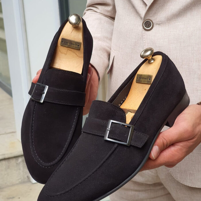 Striking Style and Superior Craftsmanship: Men's Italian Lamb Suede Single Buckle Monk Shoes in Black, White & Red