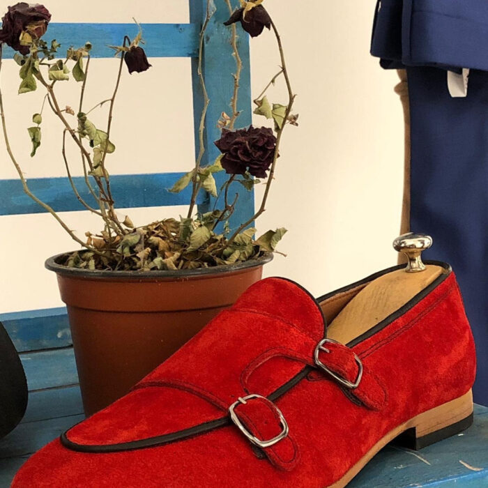 Vibrant Style: Men's Red & Mustard Italian Soft Sheep Suede Leather Double Buckle Monk Loafer Shoes