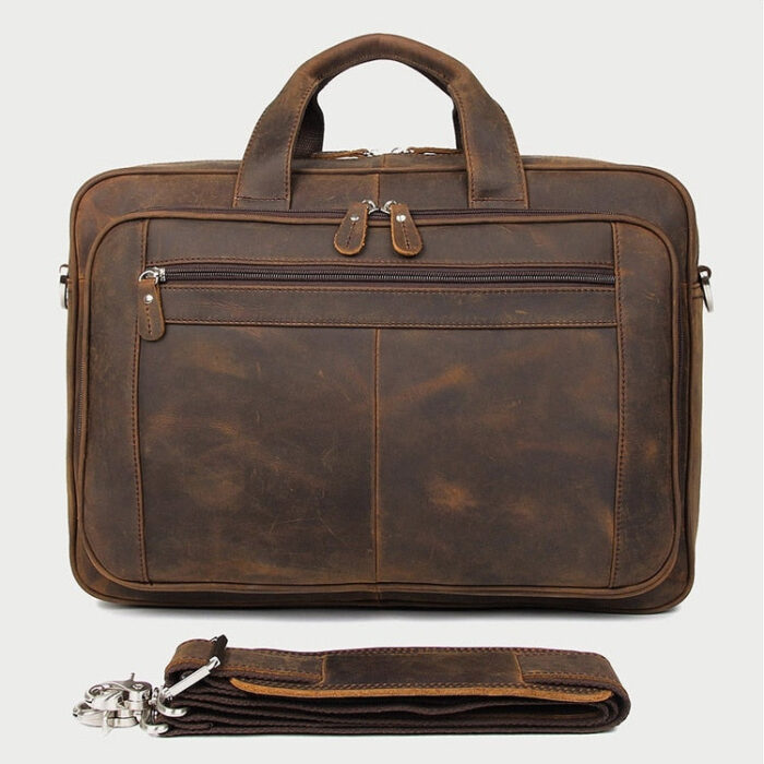 Vintage Charm Meets Functionality: Distressed Brown Leather Laptop Office Bag - Ample Storage, Adjustable Shoulder Strap, and Personalization Option