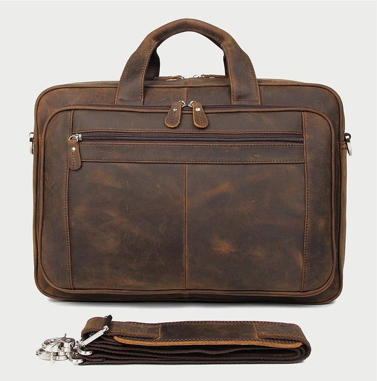 Vintage Charm Meets Functionality: Distressed Brown Leather Laptop Office Bag - Ample Storage, Adjustable Shoulder Strap, and Personalization Option
