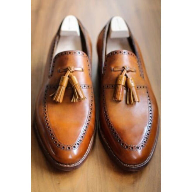Unleash Distinctive Elegance: Men's Tan Brogue Punch Tassel Loafers - Handcrafted with Italian Leather and Everlasting Style