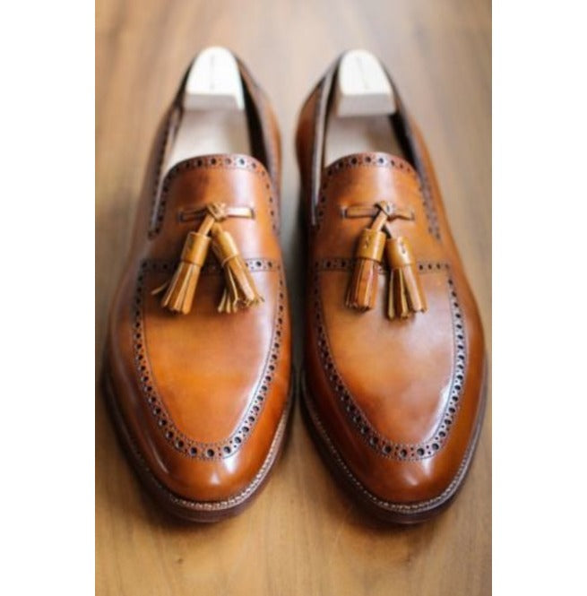 Unleash Distinctive Elegance: Men's Tan Brogue Punch Tassel Loafers - Handcrafted with Italian Leather and Everlasting Style
