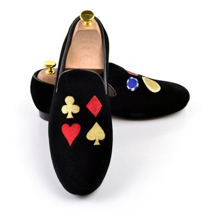 Standout Style: Men's Black Suede Velvet Poker Chips Embroidery Loafers - Handcrafted with Unique Elegance