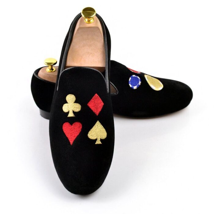 Standout Style: Men's Black Suede Velvet Poker Chips Embroidery Loafers - Handcrafted with Unique Elegance