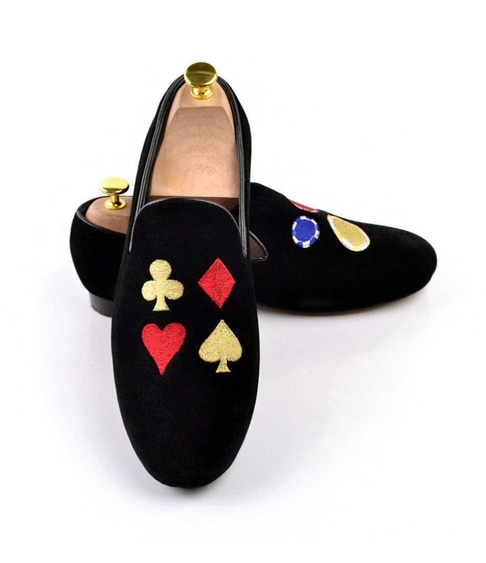 Standout Style: Men's Black Suede Velvet Poker Chips Embroidery Loafers - Handcrafted with Unique Elegance
