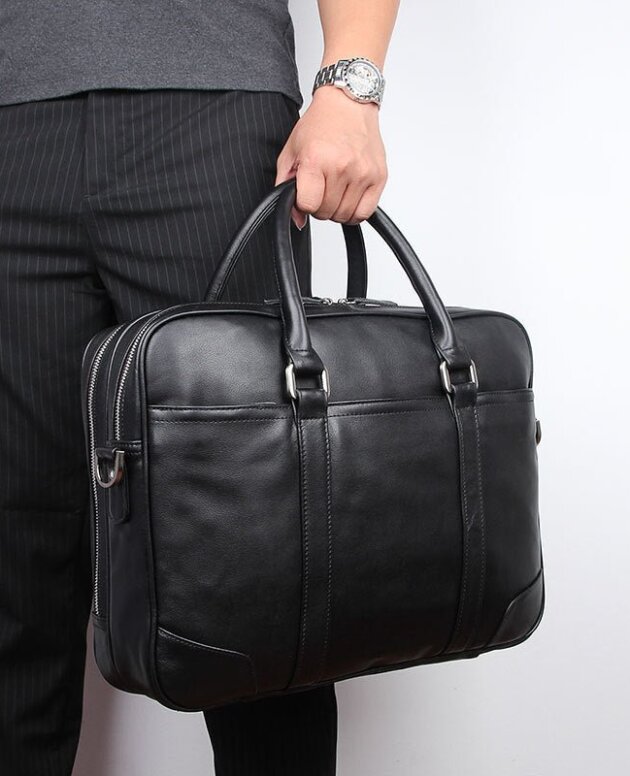 Elevate Your Professional Look: Black Leather Laptop Bag/Office Bag - Supple Buff Leather, Padded Laptop Pocket, and Versatile Storage Options