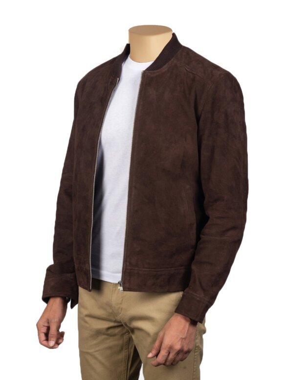 Handcrafted men's lamb suede leather bomber jacket: bespoke design, premium quality, and stylish knit ribs