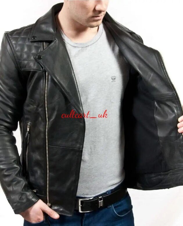Men's handcrafted black motorcycle biker leather jacket, sturdy buff leather, full grain, regular fit