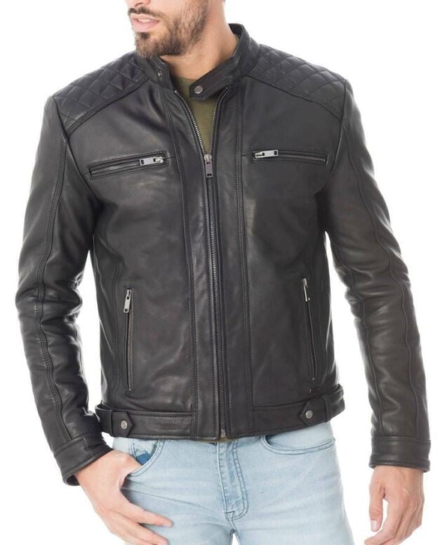 Men's stylish black lamb leather moto jacket,soft outershell, detailed stitching,regular fit.