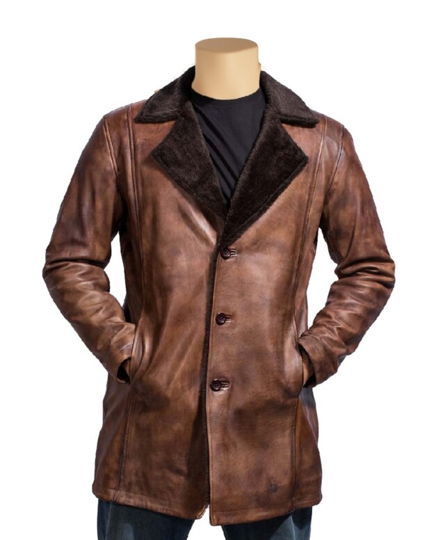 Timeless Sophistication: Men's Distressed Brown Soft Lamb Leather Coat with Faux Fur Lining - Handcrafted Luxury