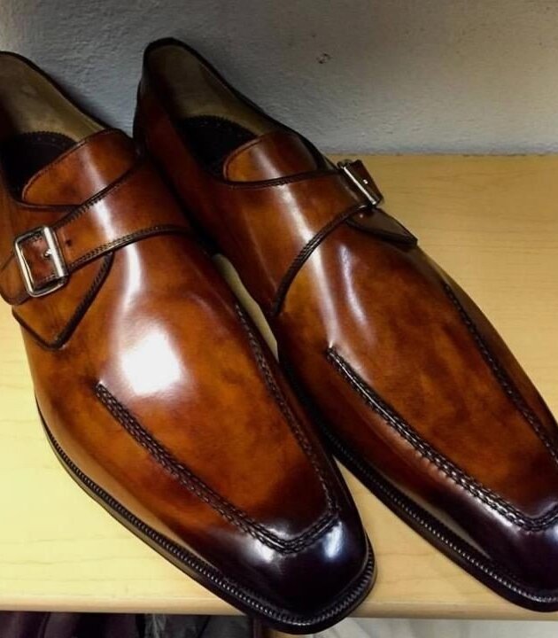 Men's Single Strap Buckle Penny Loafers in Distressed Tan & Black full grain Italian leather shoes