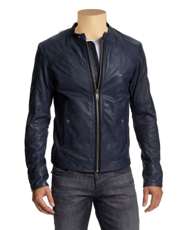 Embark on adventures with the bespoke navy blue lamb leather racer jacket handcrafted for timeless style and adventurous spirit