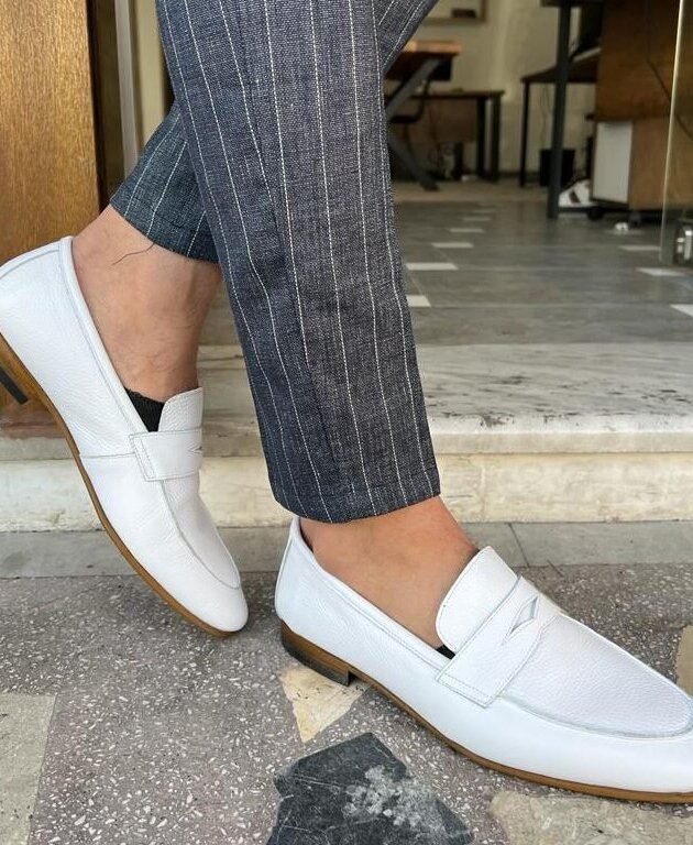Sophisticated Style: Men's White Italian Leather Penny Shape Belgian Loafers - Handcrafted with Premium Quality