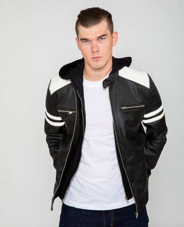 Shop the versatile men's handcrafted lamb leather moto racer jacket, detachable fleece hood, white leather patchwork,regular fit