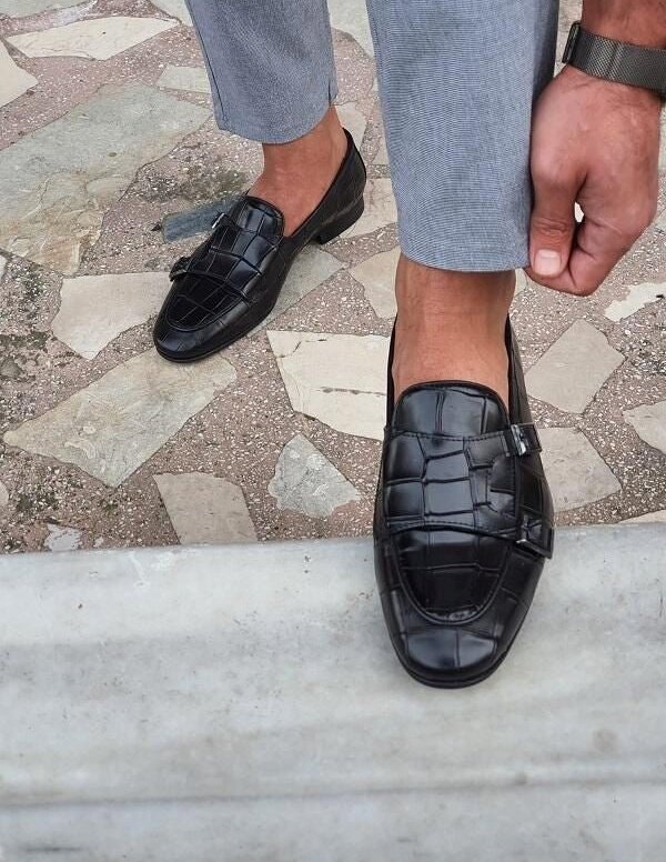 Stylish Men's Monk Shoes in Black Crocodile Print with Double Buckle Monk Design.